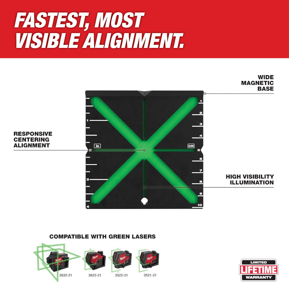 Black laser alignment target with bright green X-pattern, measurement markings, center point, and wide magnetic base.