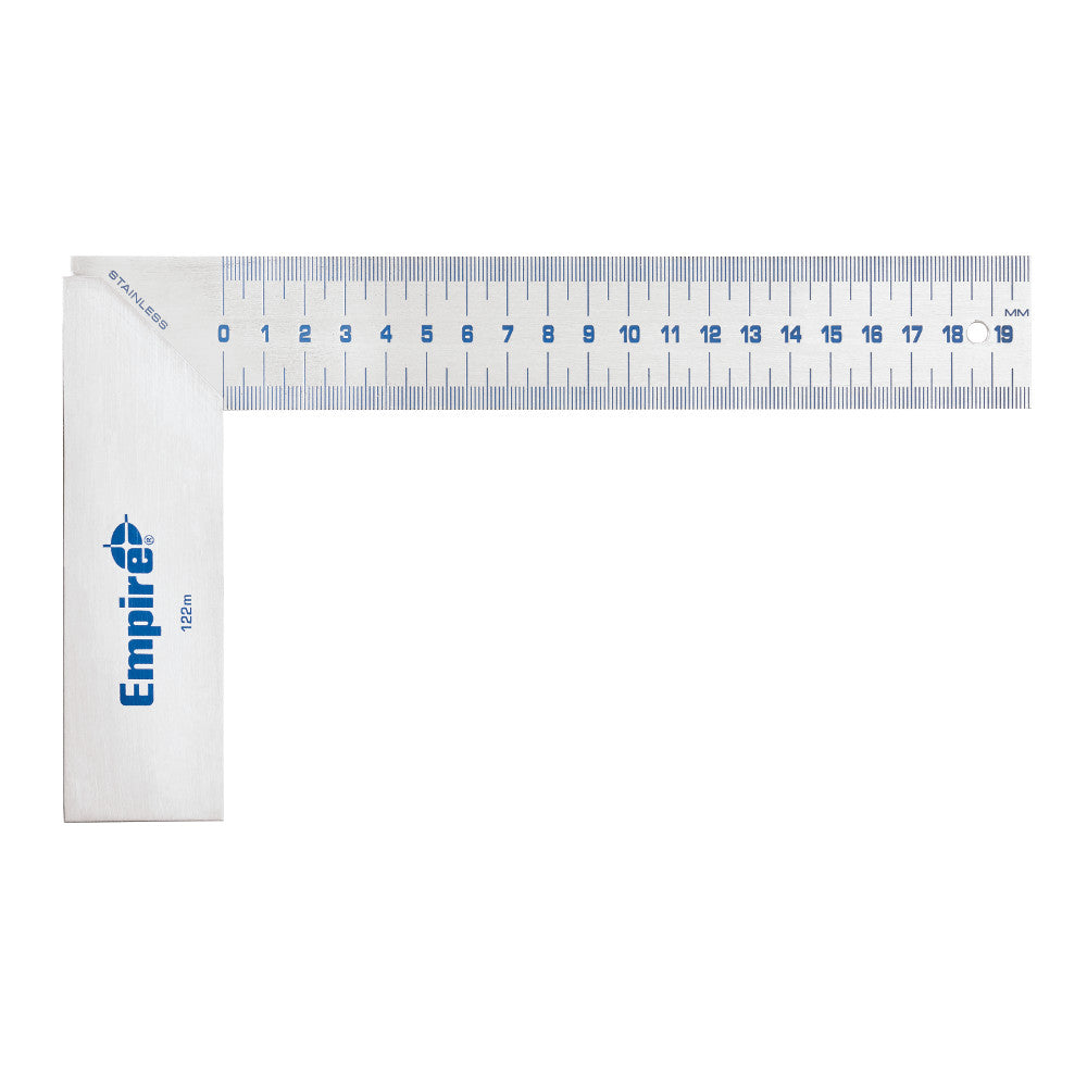 Stainless steel try square with blue numerical scale markings and Empire logo on white handle and blade.