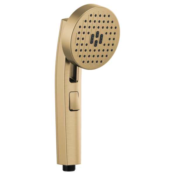 Champagne-colored handheld showerhead with multiple spray holes and side control button on grip handle.