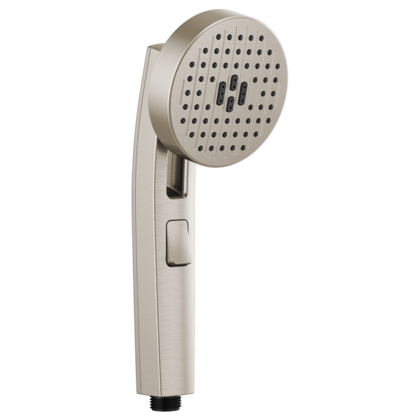 Brushed nickel handheld showerhead with multiple spray holes and trigger control button on handle.