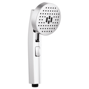Chrome and white handheld showerhead with perforated circular faceplate and trigger button on handle.