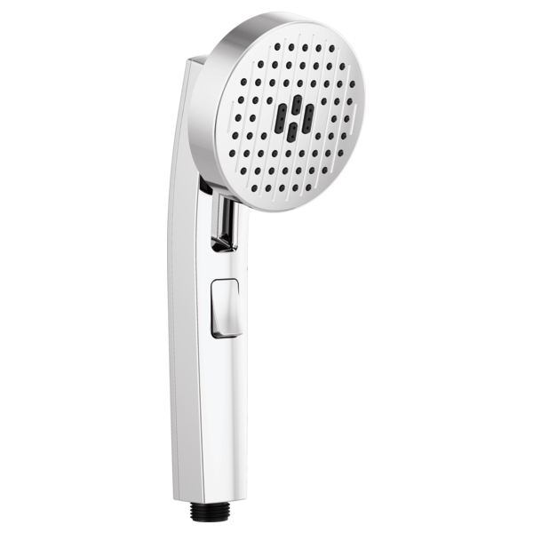 Chrome and white handheld showerhead with perforated circular faceplate and trigger button on handle.
