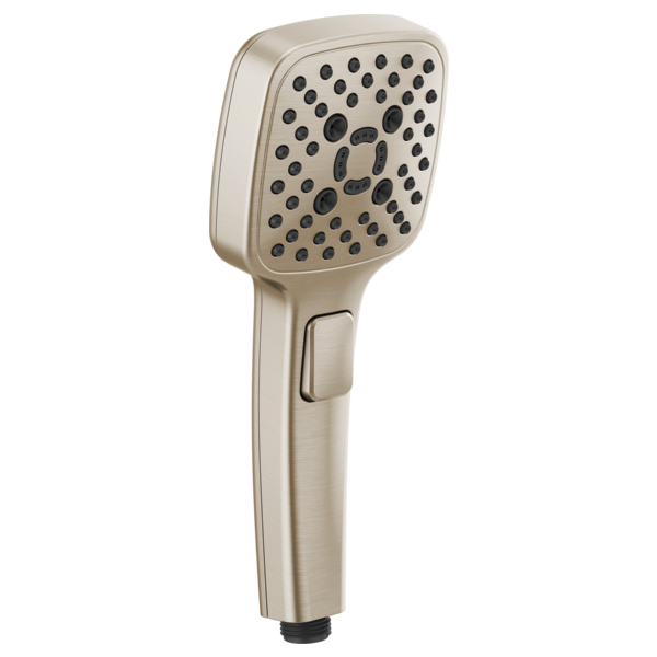 Brushed nickel square hand shower with multiple spray holes and ergonomic grip handle.