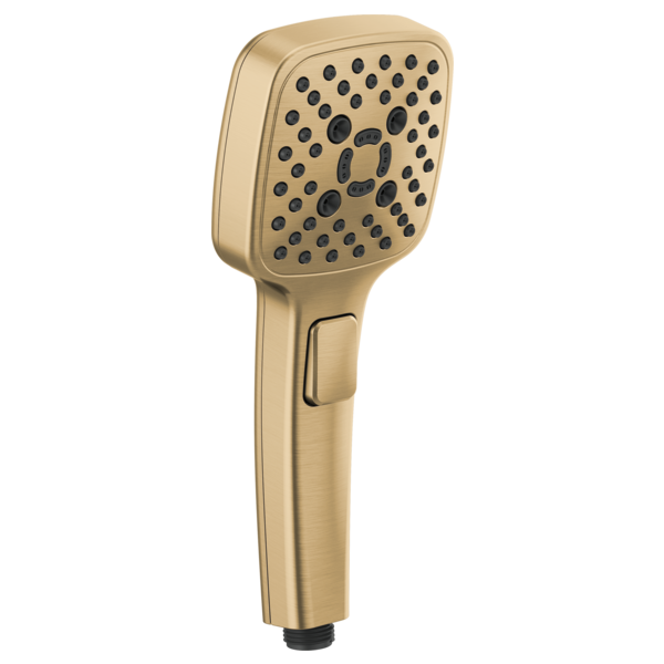 Champagne bronze square hand shower with multiple spray holes and grip handle.
