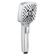 Chrome hand shower with square head, multiple spray holes, and control button on grip.
