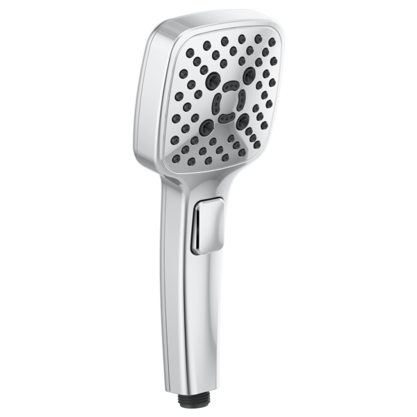 Chrome hand shower with square head, multiple spray holes, and control button on grip.