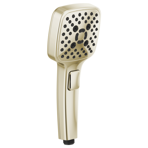 Polished nickel square hand shower with multiple spray holes and control button on handle.