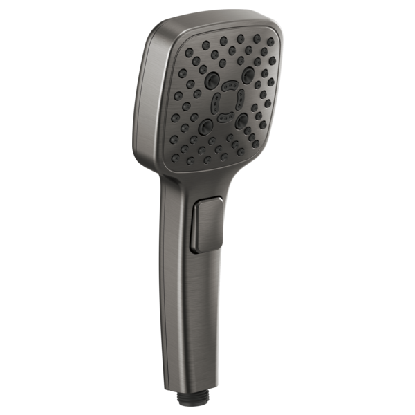 Square brushed nickel hand shower with multiple spray holes and control button on handle.