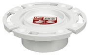 White PVC closet flange with four handles and knockout opening, red label visible on top surface.