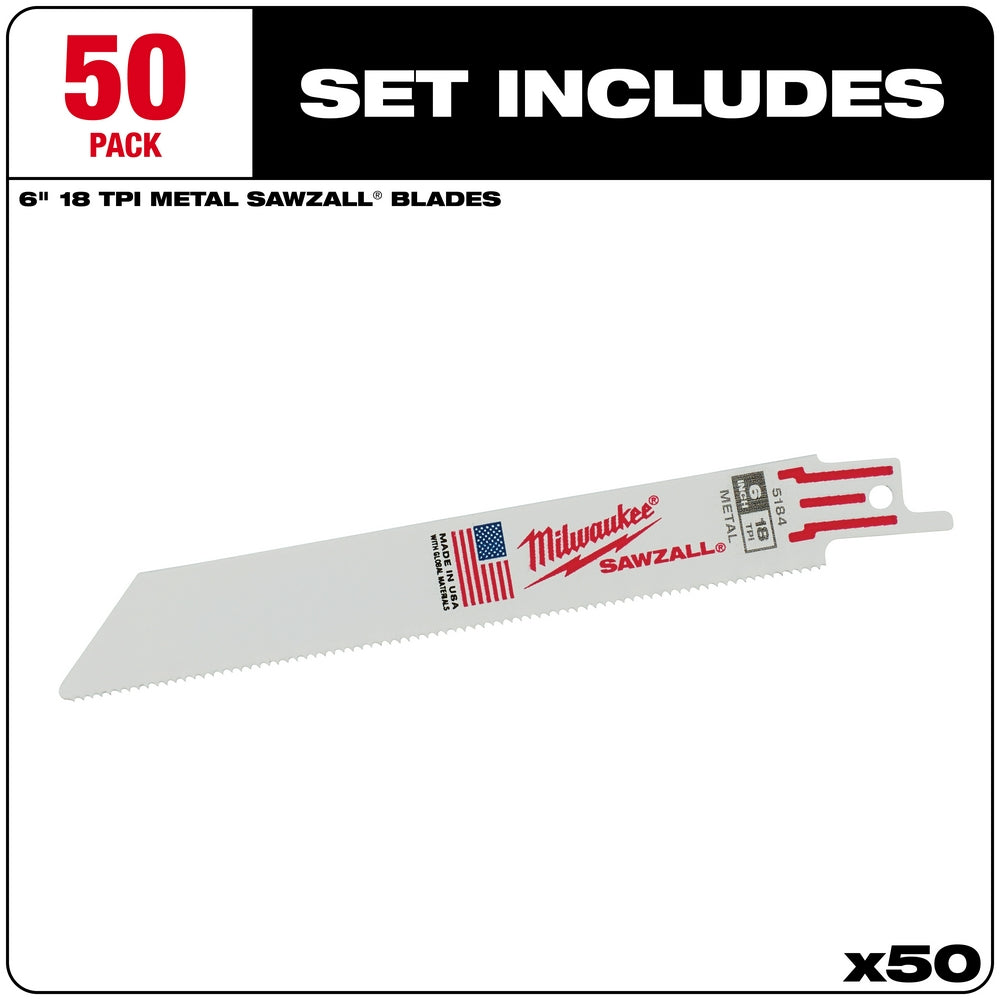 Milwaukee SAWZALL 6-inch metal cutting blade with 18 teeth per inch and red plastic shank.