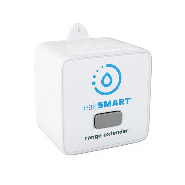 White cube-shaped leakSMART range extender with blue water drop logo and gray button on front face.