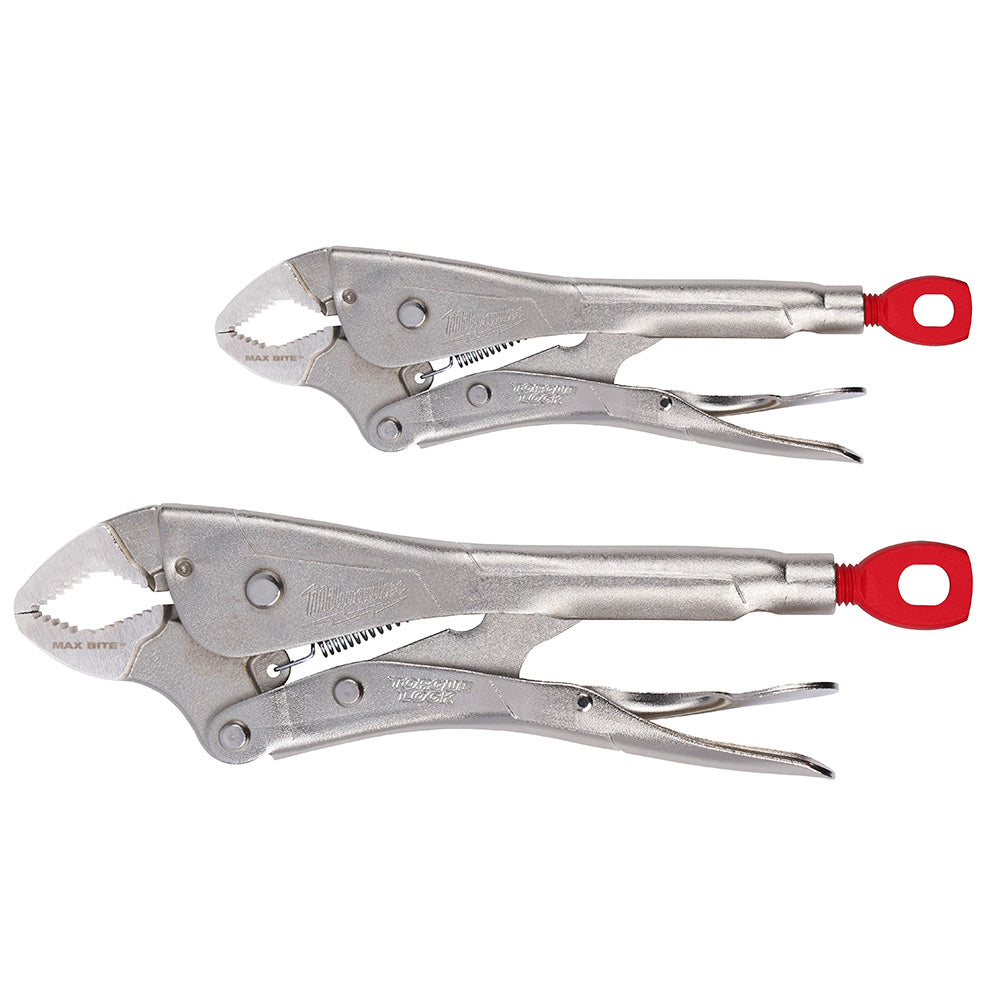 Two Milwaukee locking pliers with red handles, one 7-inch and one 10-inch, displayed side by side.