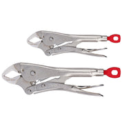 Two Milwaukee locking pliers with red handles, one 7-inch and one 10-inch, displayed side by side.