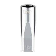 Polished metal 12mm deep socket with hexagonal opening and Milwaukee branding on silver cylindrical body.