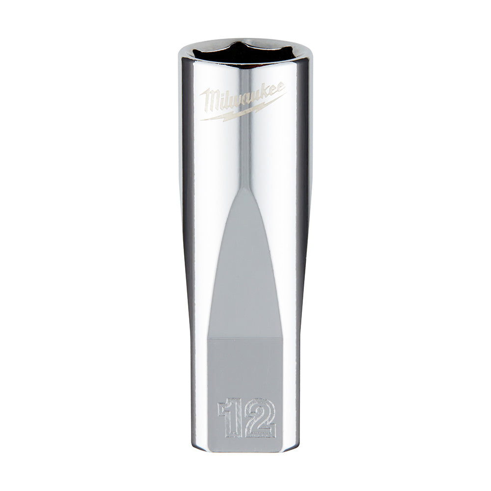 Polished metal 12mm deep socket with hexagonal opening and Milwaukee branding on silver cylindrical body.