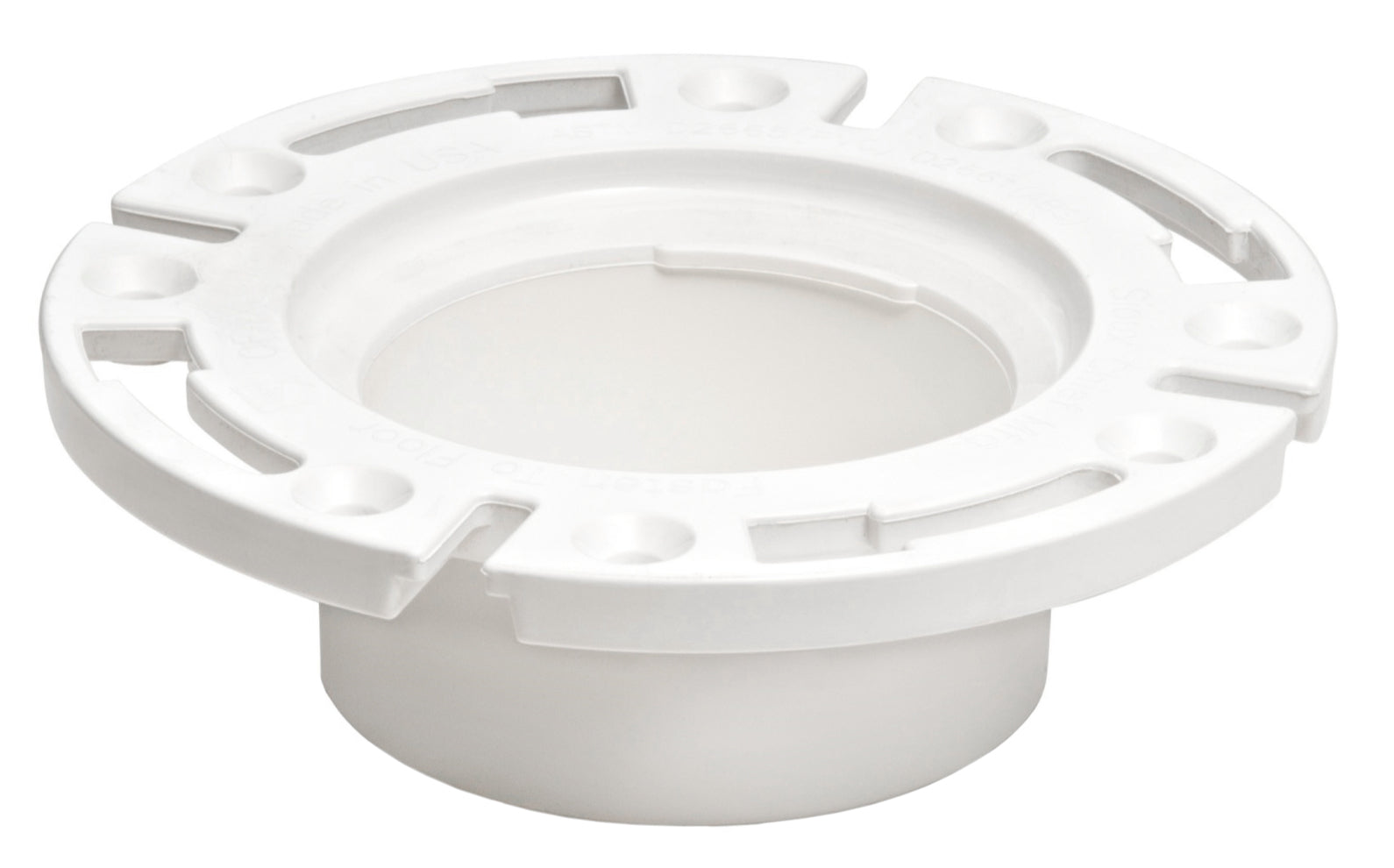 White plastic closet flange with open center hub and mounting slots around outer rim.