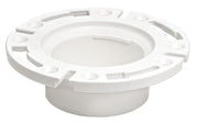 White plastic closet flange with open center hub and mounting slots around outer rim.