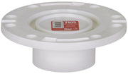 White PVC closet flange with mounting holes and product label on top surface.