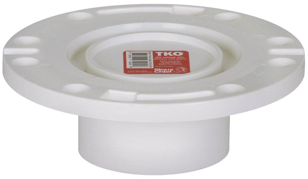 White PVC closet flange with mounting holes and product label on top surface.