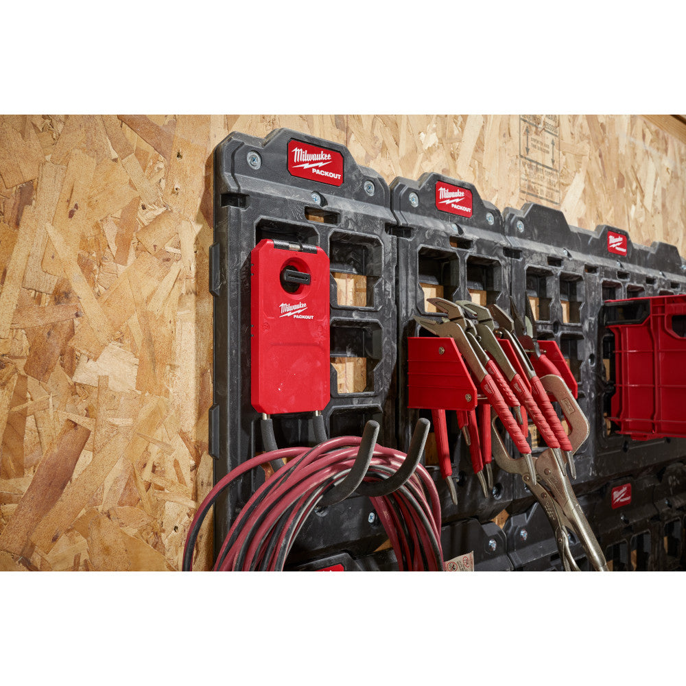 Black curved hook mounted on Milwaukee PACKOUT modular storage system holding coiled red cable.
