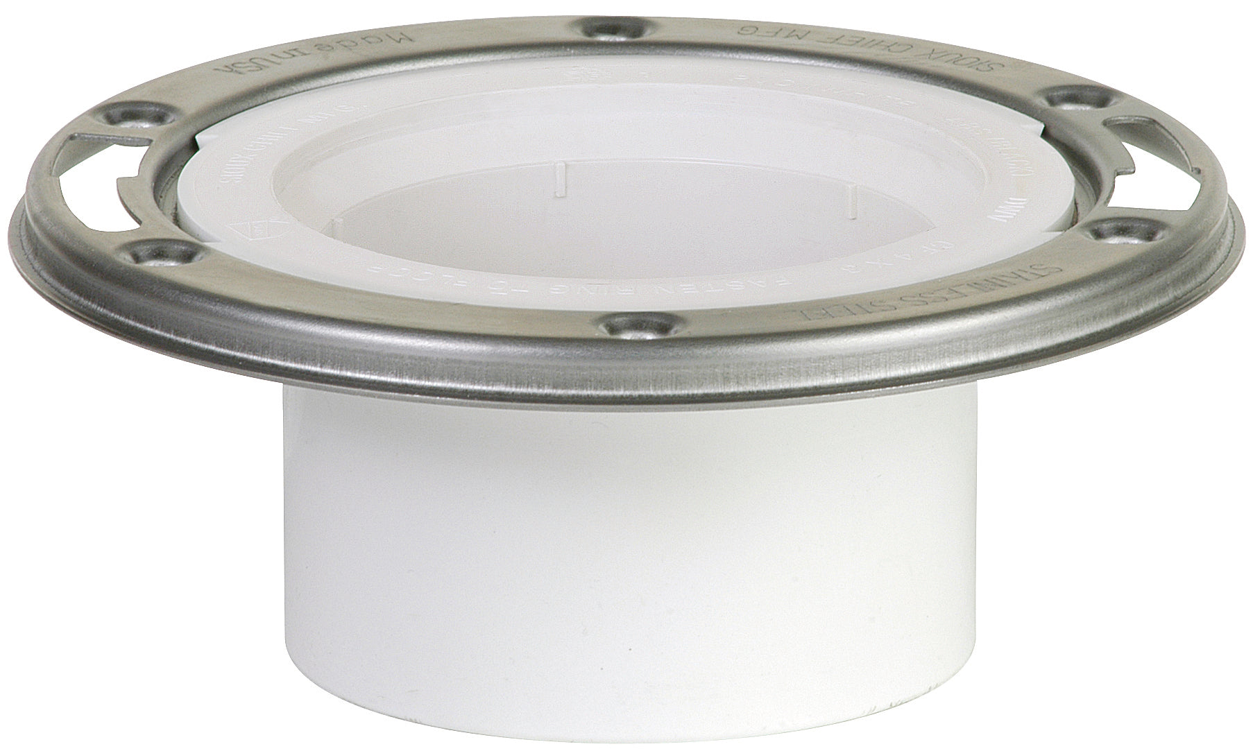 White PVC closet flange with stainless steel swivel ring and mounting holes for toilet installation.