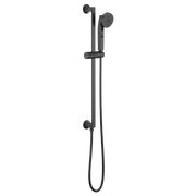 Matte black slide bar handshower with circular showerhead and adjustable holder mounted on vertical rail.