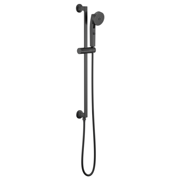 Matte black slide bar handshower with circular showerhead and adjustable holder mounted on vertical rail.