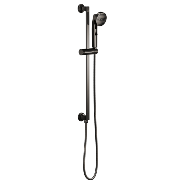 Black slide bar handshower with adjustable holder and hose attachment for shower use.
