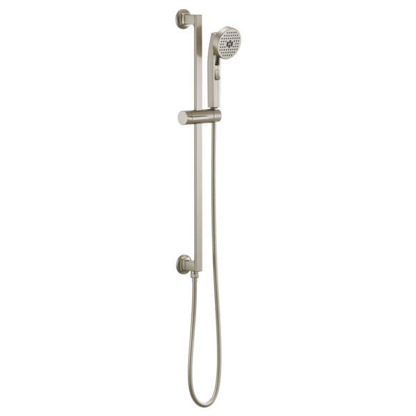 Brushed nickel slide bar handshower with perforated showerhead, adjustable holder, and connected hose.