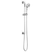 Chrome slide bar handshower system with perforated showerhead, adjustable holder, and hose connection.