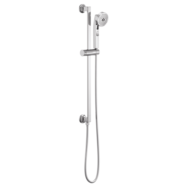 Chrome slide bar handshower system with perforated showerhead, adjustable holder, and hose connection.