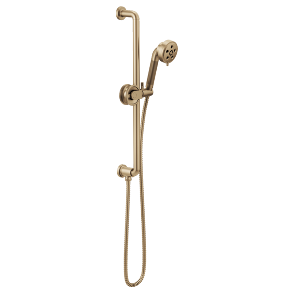 Champagne bronze slide bar handshower system with adjustable holder, hose, and wall-mounted bracket.
