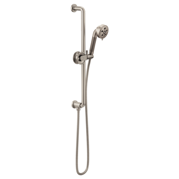 Brushed nickel slide bar handshower with adjustable mount, flexible hose, and multiple spray holes.