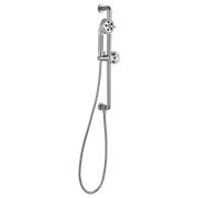 Chrome slide bar shower system with fixed showerhead at top, adjustable handshower with wheel control, and hose connection.