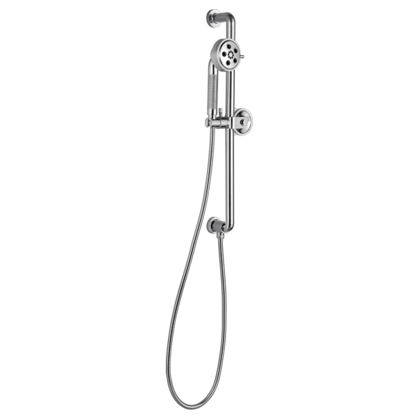 Chrome slide bar shower system with fixed showerhead at top, adjustable handshower with wheel control, and hose connection.