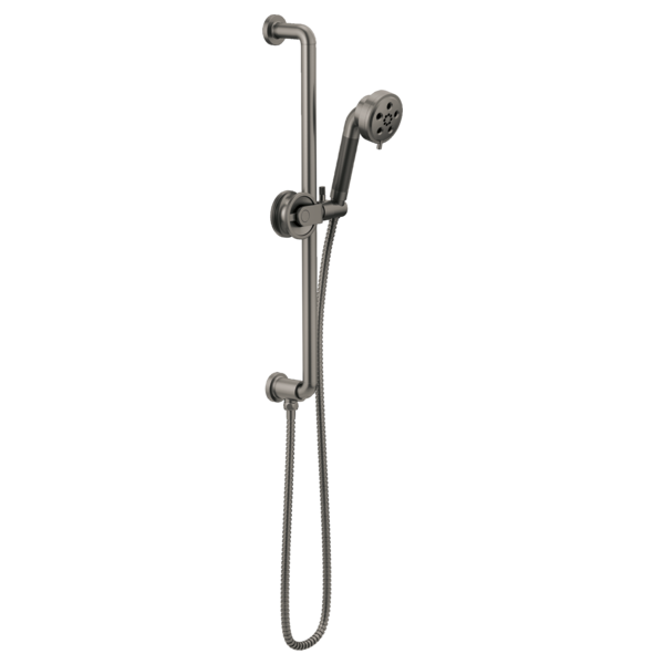 Gunmetal slide bar shower system with handheld showerhead, flexible hose, and adjustable mounting bracket.