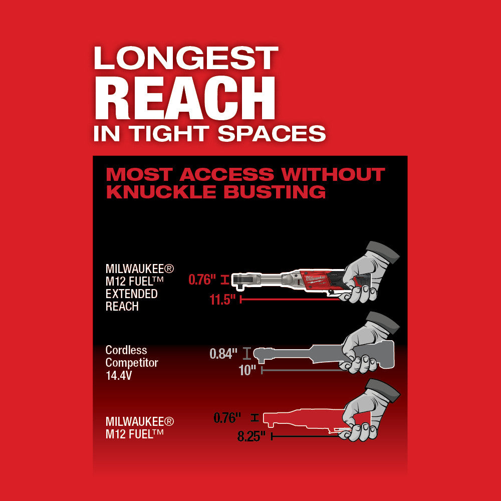 Milwaukee M12 FUEL extended reach ratchet comparison chart showing tool lengths and head dimensions against competitors.