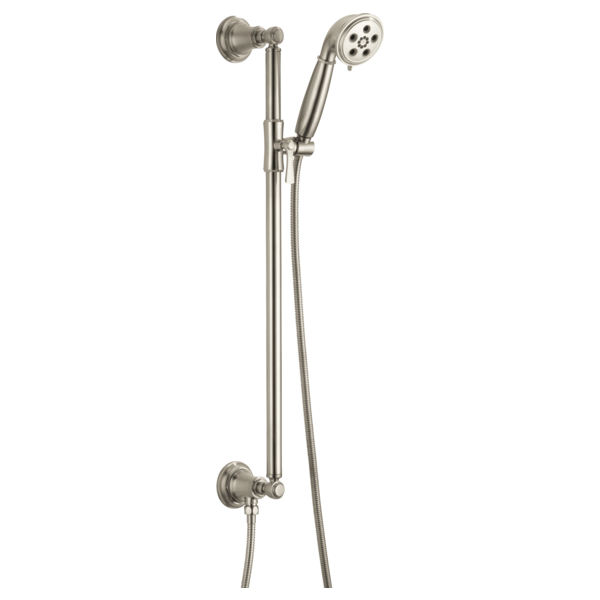 Brushed nickel slide bar handshower with wall-mounted bracket and adjustable shower head on flexible hose.