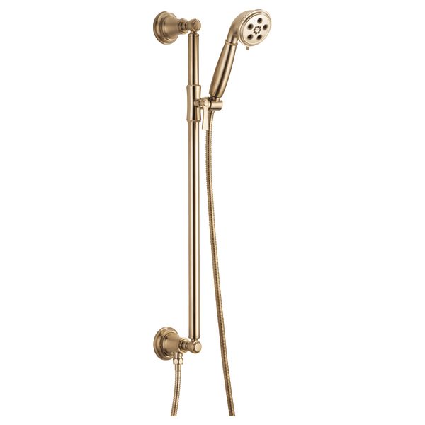 Champagne bronze handheld showerhead with adjustable slide bar mounted on vertical rail with hose connection.