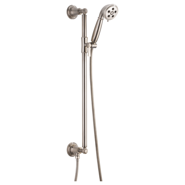 Brushed nickel slide bar shower system with handheld showerhead and wall-mounted bracket.
