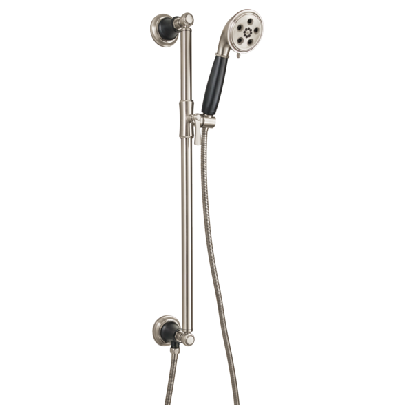 Chrome slide bar handshower with black grip, wall-mounted bracket, and hose connection.