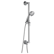 Chrome slide bar handshower system with adjustable holder and wall-mounted bracket, featuring round showerhead and handheld s
