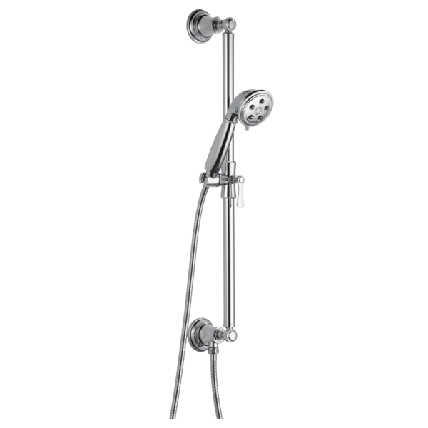 Chrome slide bar handshower system with adjustable holder and wall-mounted bracket, featuring round showerhead and handheld s