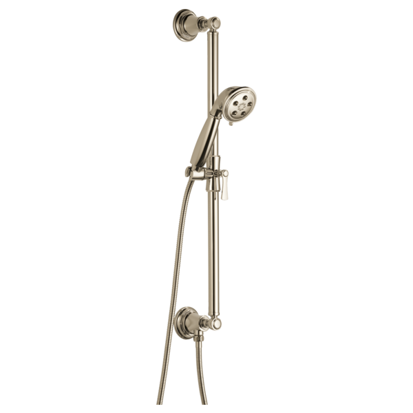 Brushed nickel slide bar handshower system with wall-mounted bracket, adjustable handshower, and hose connection.