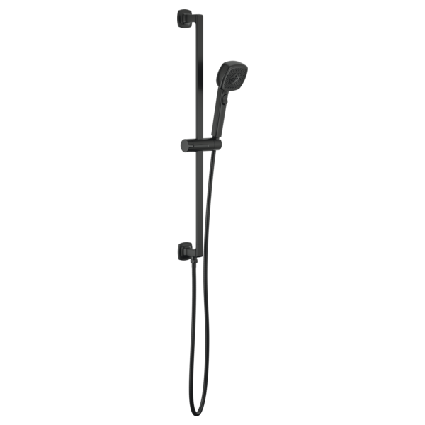 Black slide bar handshower with adjustable holder and hose against white background.