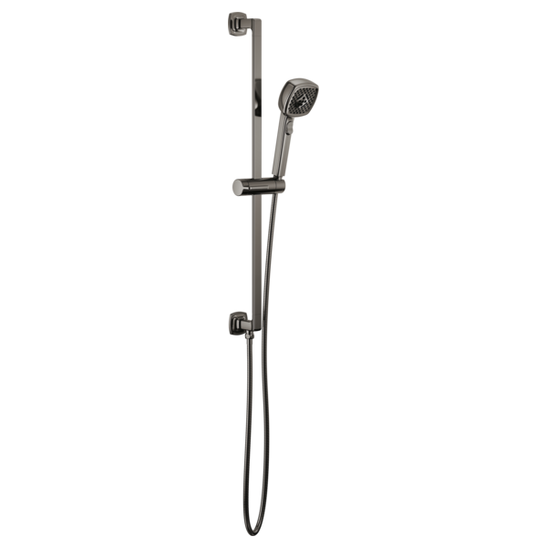 Chrome slide bar handshower with adjustable holder and hose connection, mounted vertically on white background.