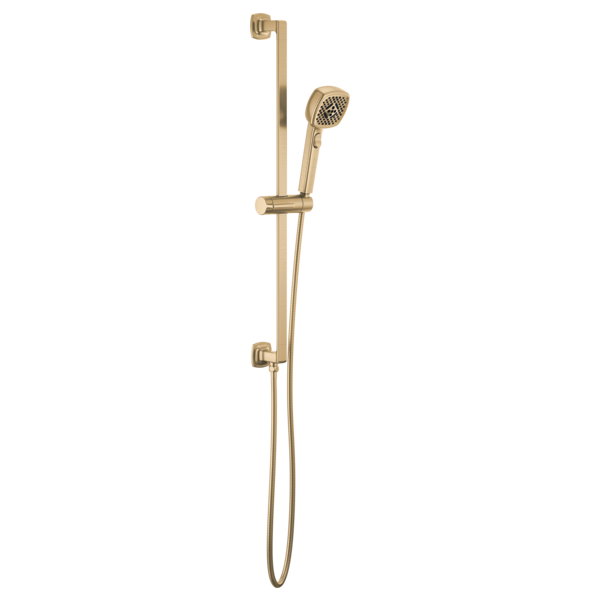 Champagne bronze slide bar handshower with adjustable height brackets and connected hose.