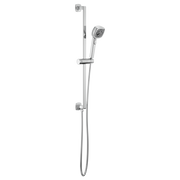 Chrome slide bar handshower system with circular showerhead and adjustable mounting brackets.