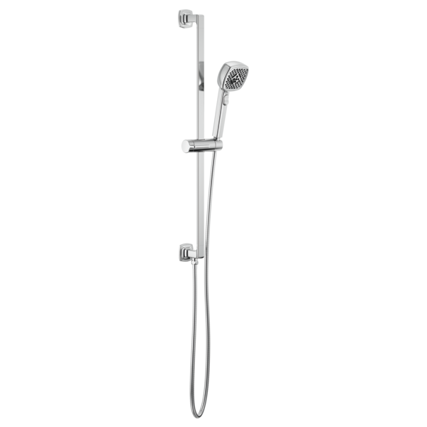 Chrome slide bar handshower system with circular showerhead and adjustable mounting brackets.