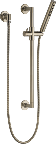 Brushed nickel slide bar shower system with angled handshower head, vertical rail, and flexible hose.